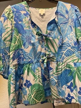 Women’s Floral Tie-Front Blouse in Blue & Green